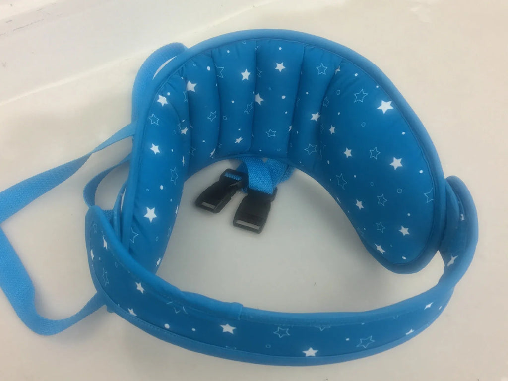 Blue child fixed sleeping pillow with cloth fabric and cotton filling for car, train, and airplane travel