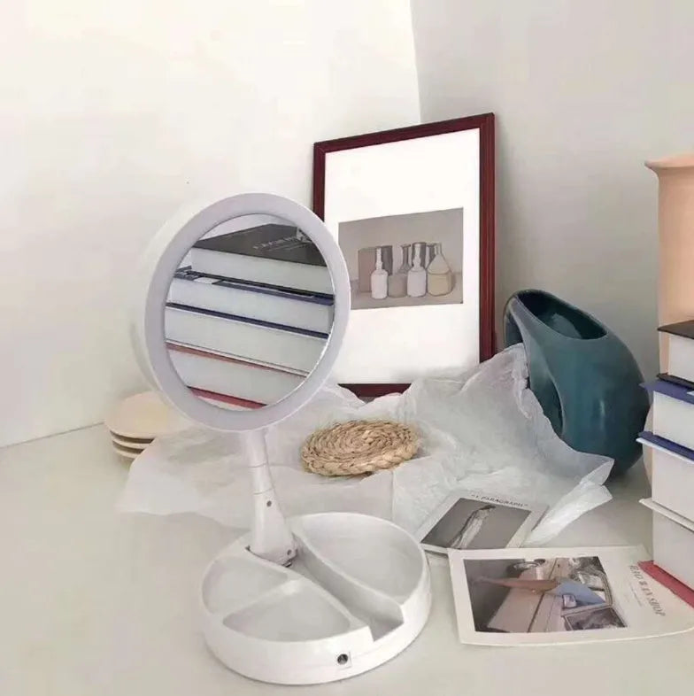 White foldable acrylic vanity mirror with LED lights and USB charging port