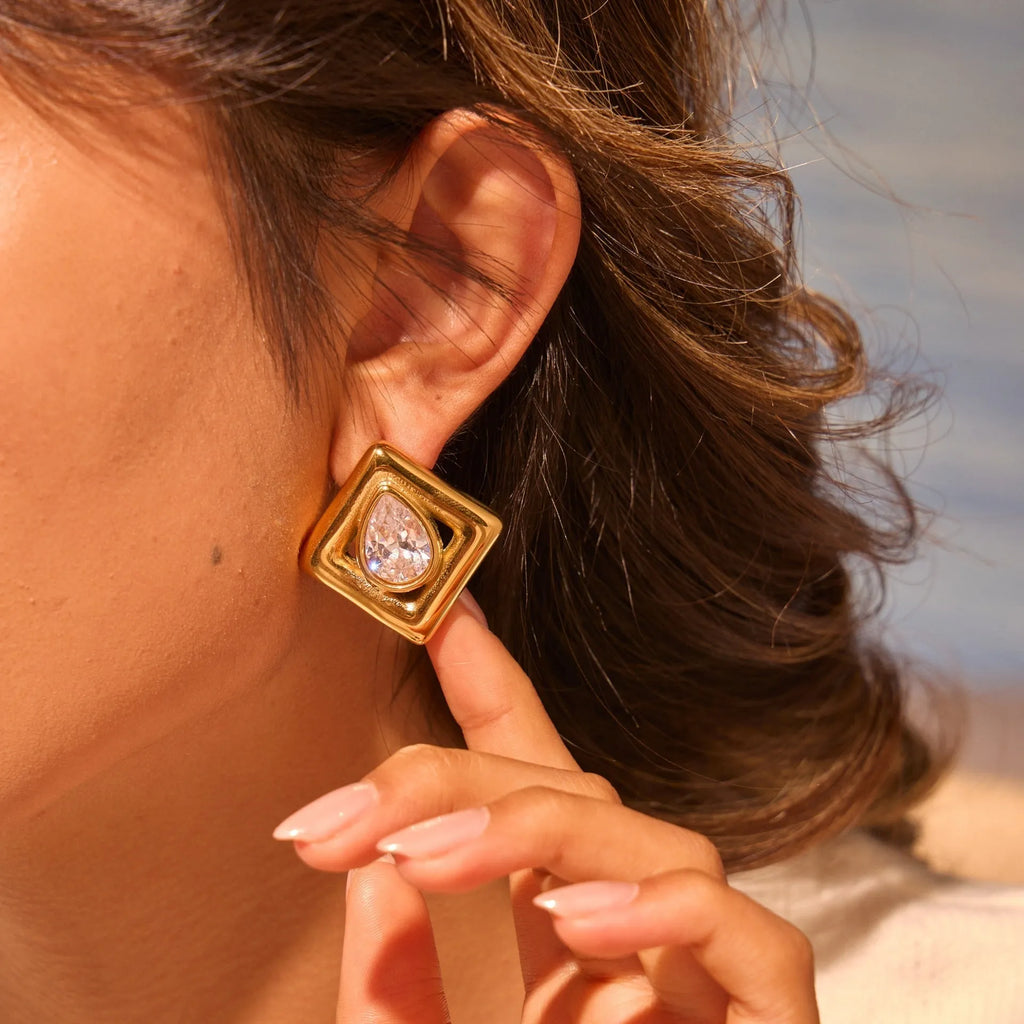 Geometric water drop zircon stud earrings in stainless steel with gold electroplating
