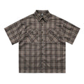 Men's black plaid shirt with embroidered letter on lapel and short sleeves
