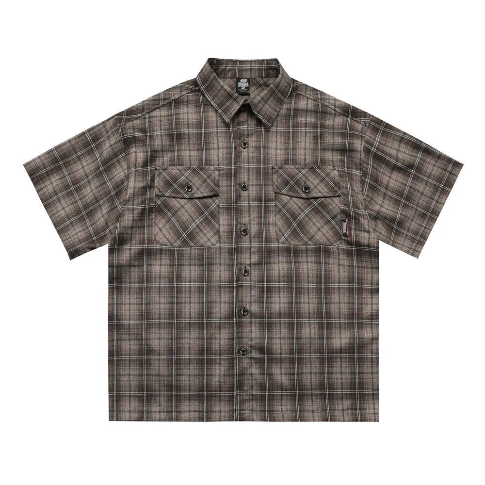 Men's black plaid shirt with embroidered letter on lapel and short sleeves