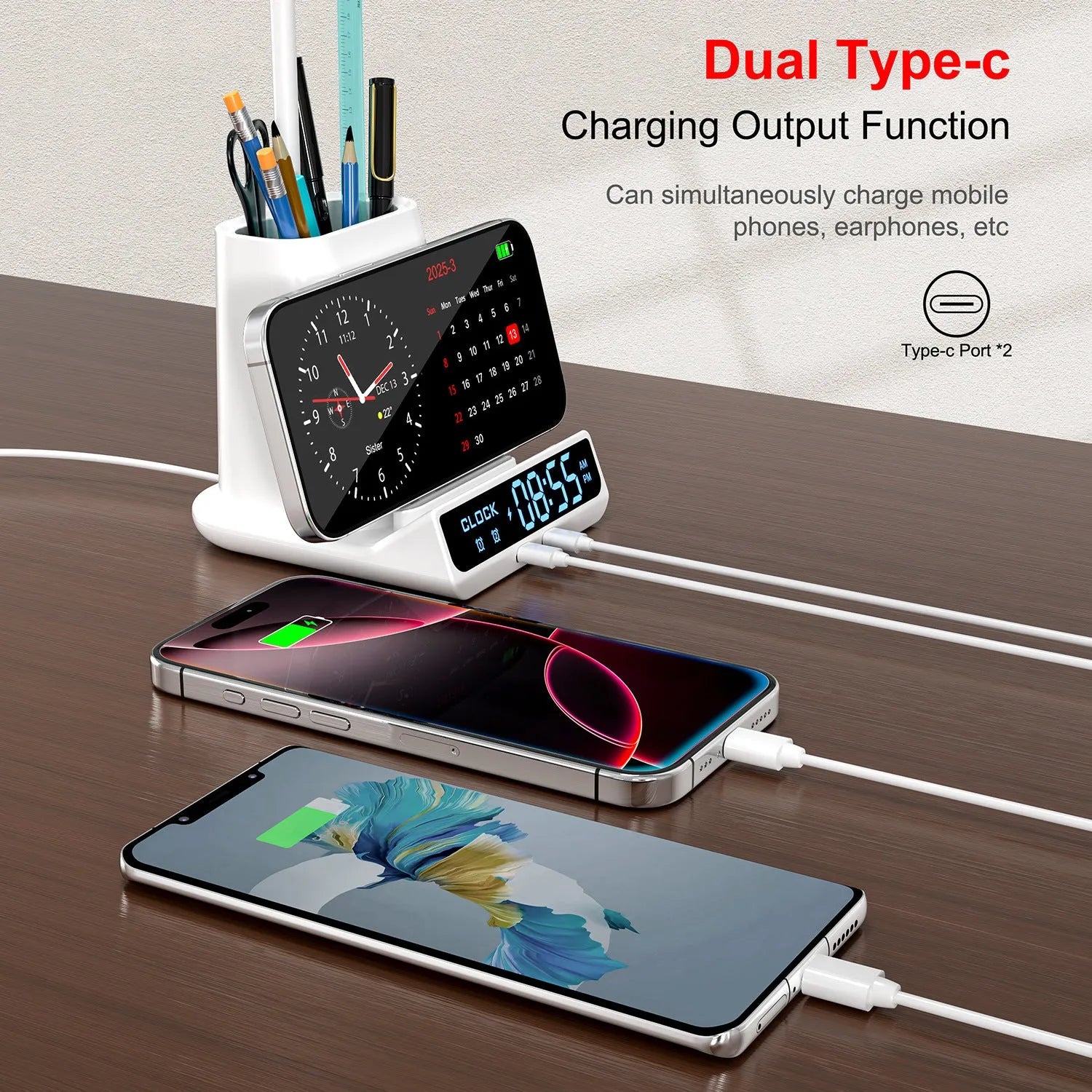 Modern minimalist desk lamp with wireless charging pad and integrated pen holder storage box.