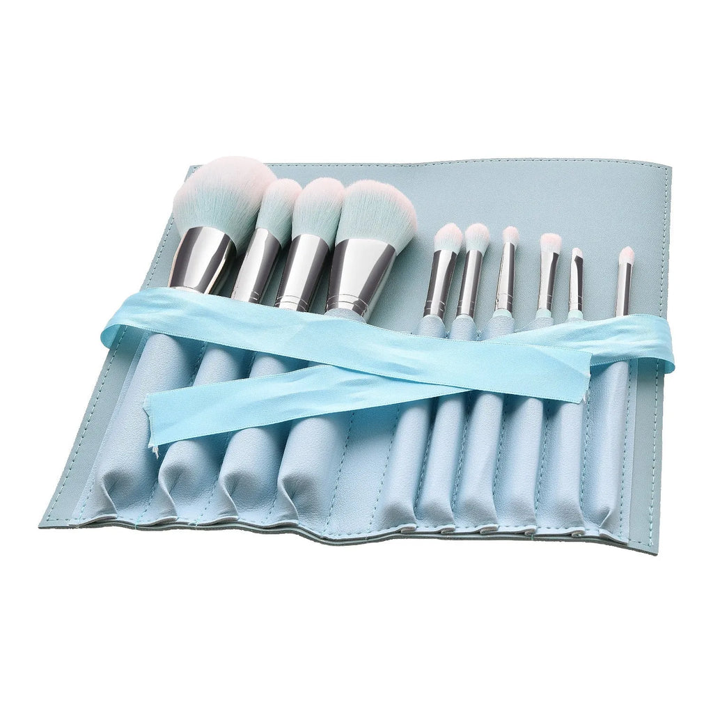 12-piece makeup brush set with light blue handles, nylon hair, wooden handles, 19.5cm length, and PU brush bag