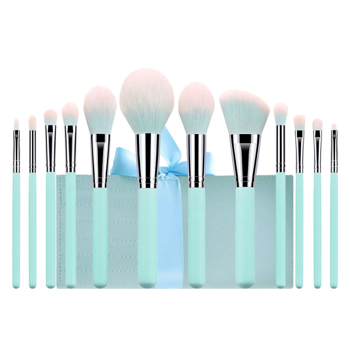 12-piece makeup brush set with light blue handles, nylon hair, wooden handles, 19.5cm length, and PU brush bag
