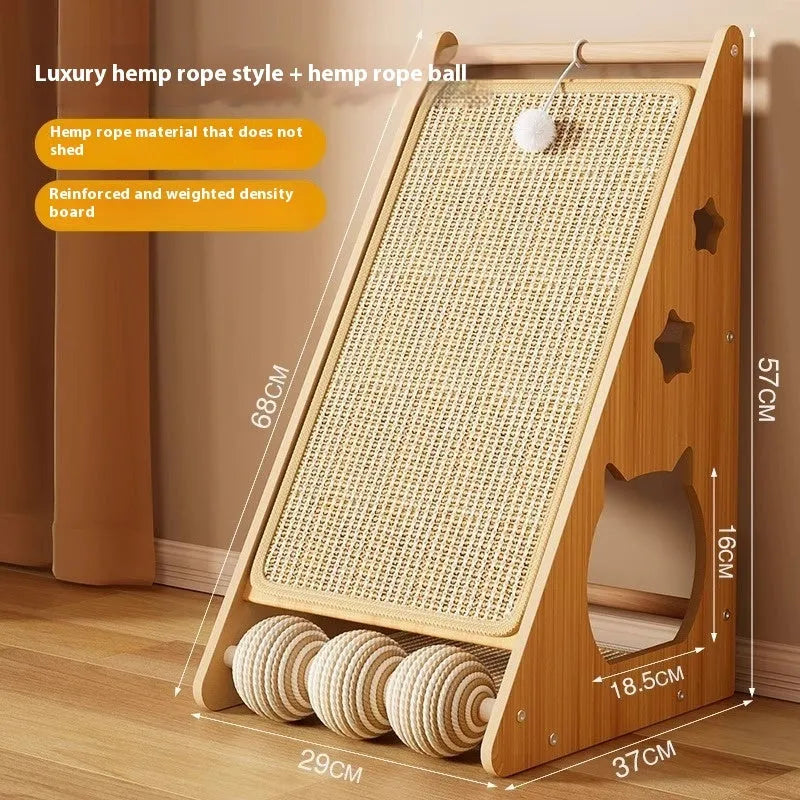 Vertical wall-mounted cat scratch board with sisal surface and attached cat teasing ball