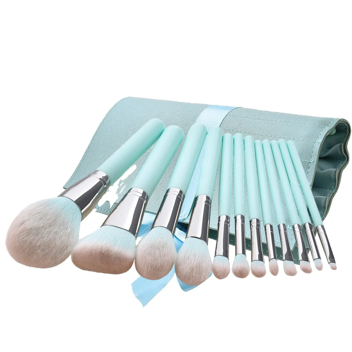 12-piece makeup brush set with light blue handles, nylon hair, wooden handles, 19.5cm length, and PU brush bag