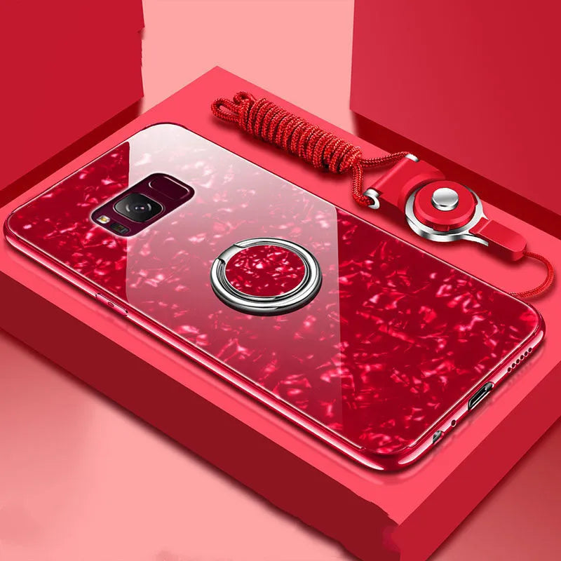 Tempered glass phone case for Samsung S8 and S9 in black, pink, red, and white colours.