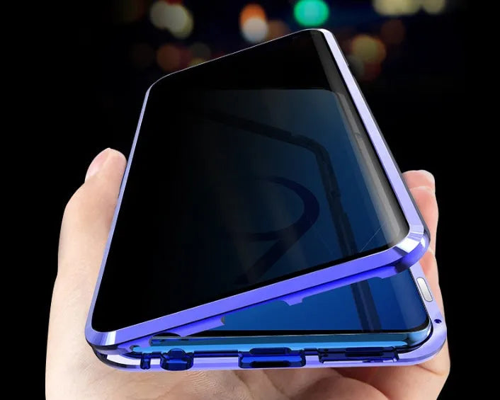 Black clamshell magnetic phone case for Samsung Galaxy with anti-peeping screen, open to show interior.
