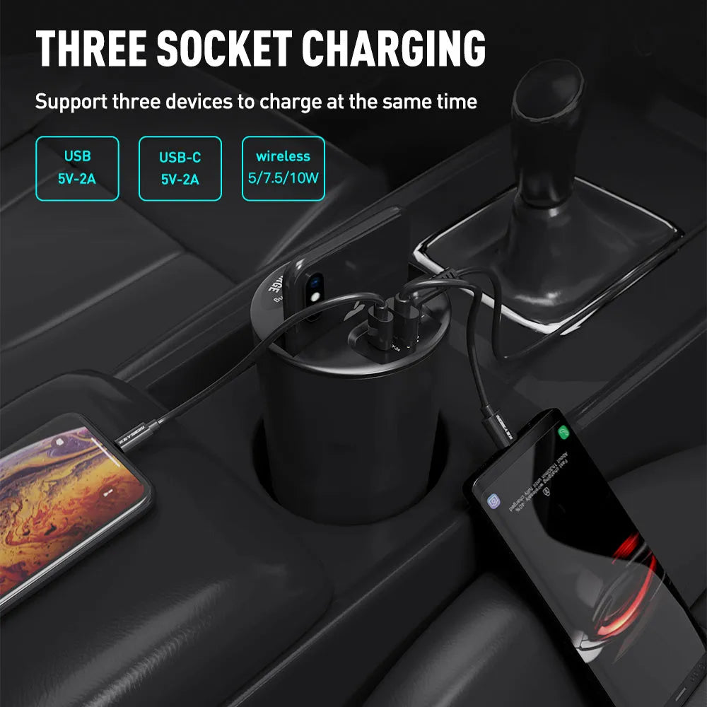 Black car wireless charging cup with detachable base stand for QI smartphones.