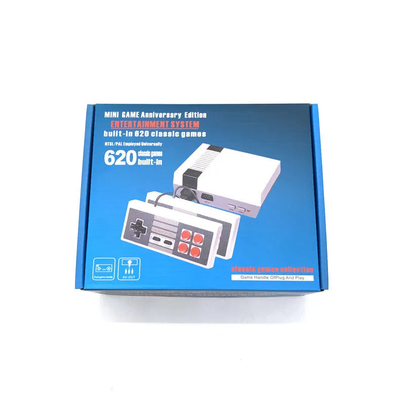 Compact black 8-bit NES retro game console with two rectangular controllers on a white background.