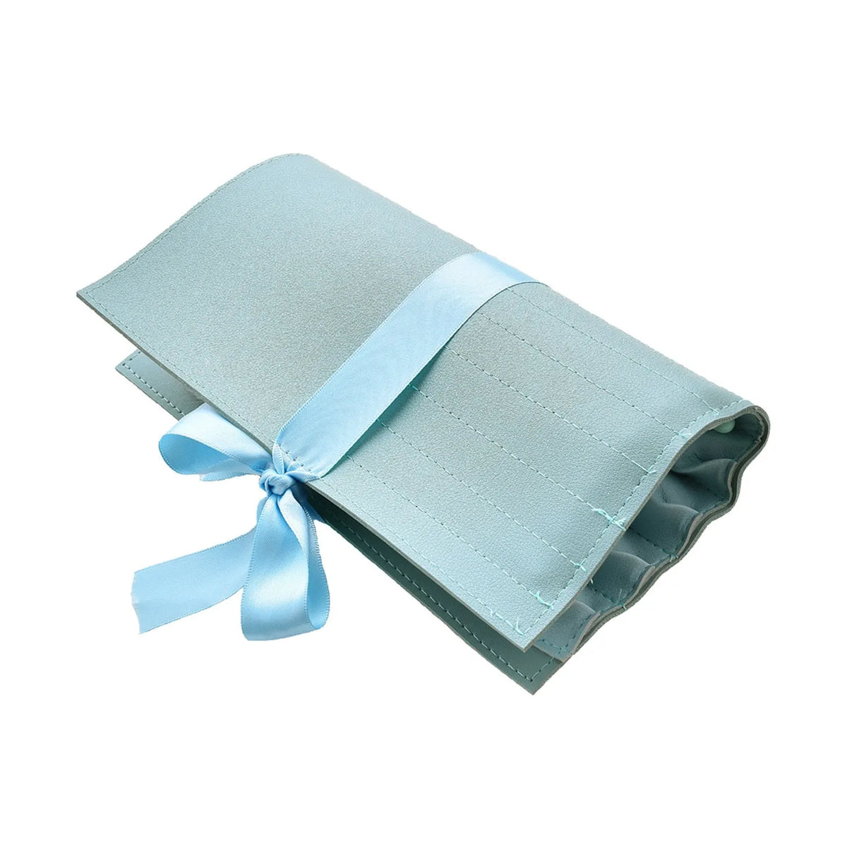 12-piece makeup brush set with light blue handles, nylon hair, wooden handles, 19.5cm length, and PU brush bag