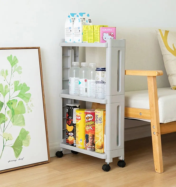 Plastic kitchen storage rack with wheels, multi-layer, narrow gap design, white colour