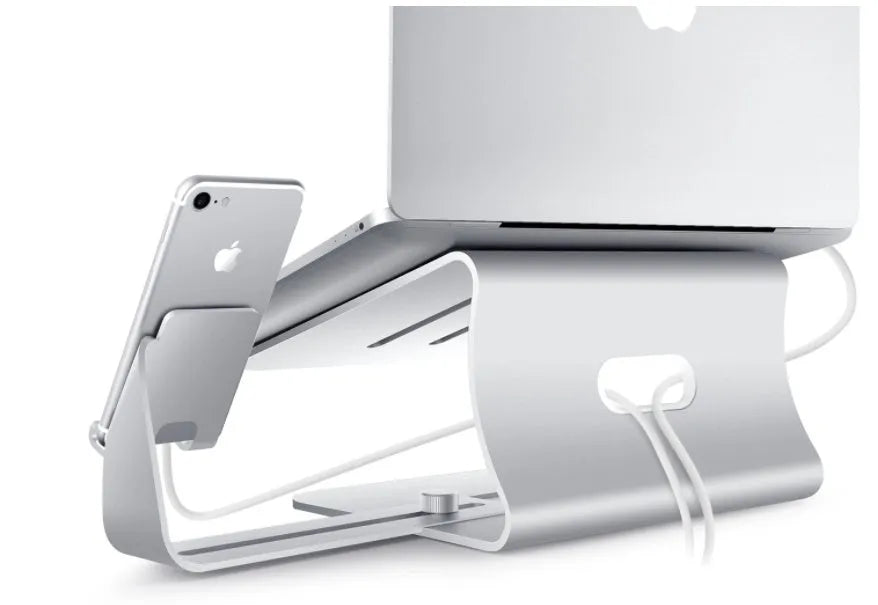 Silver desktop lazy bracket 26x24.3x19cm on a desk holding a tablet