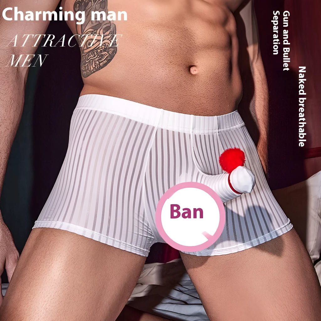 Men's black striped nylon boxer briefs laid flat, showing vertical pattern and elastic waistband.