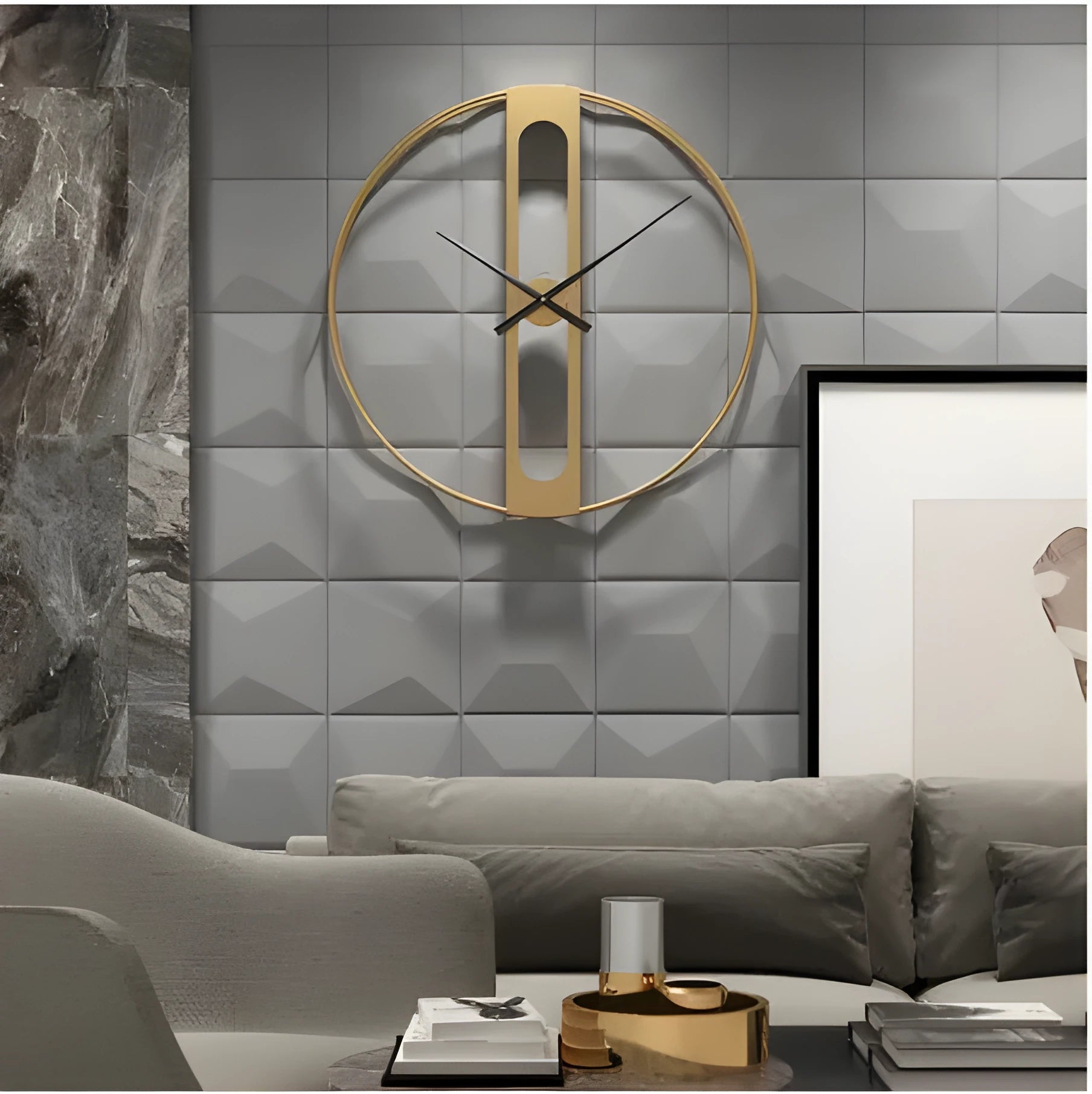Large round metal wall clock with Roman numerals on a white wall.