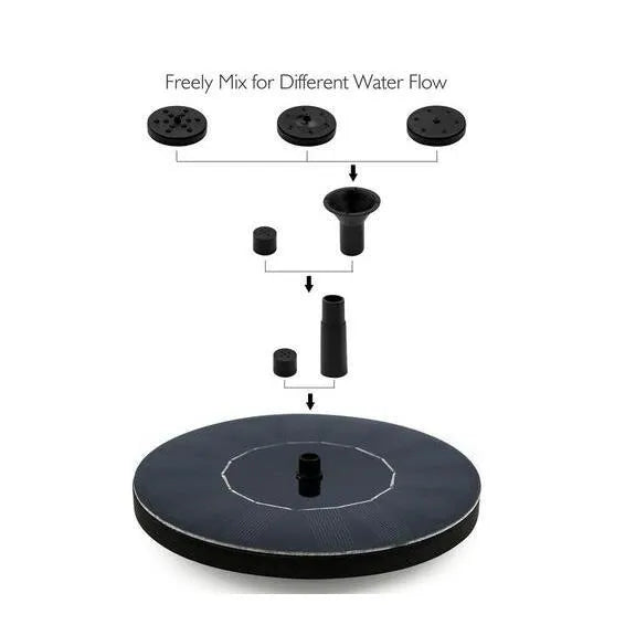 Black solar-powered fountain pump with multiple nozzles on a small pond or bird bath.