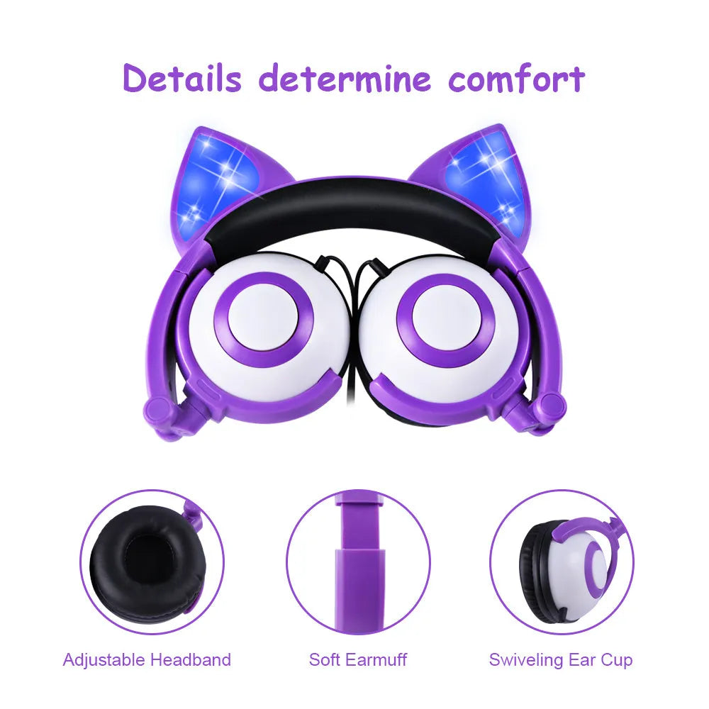 LED flashing cat ear headphones in Peach pink with ABS shell and wired 3.5mm connector