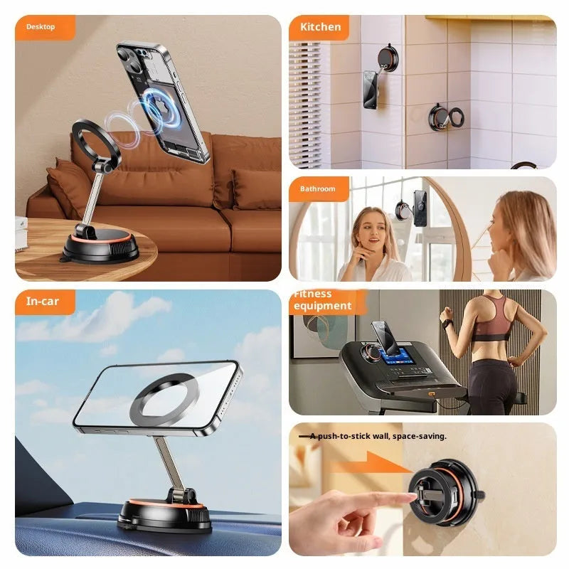 Foldable adjustable magnetic metal car phone holder for dashboard, black orange colour, X70 model, folded view showing compact size