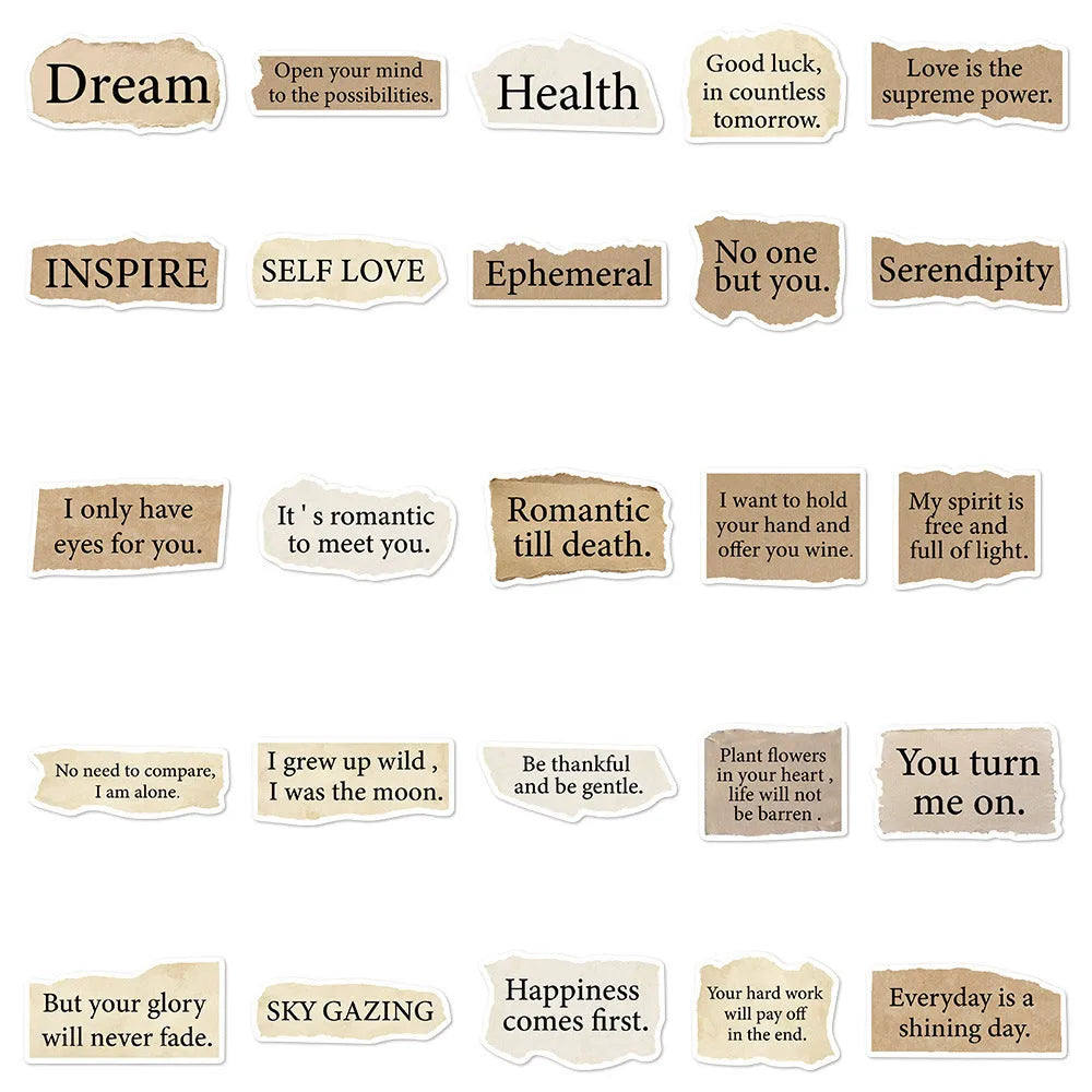 Set of 25 tear English text design TT284 decorative stickers for laptops on a white background.