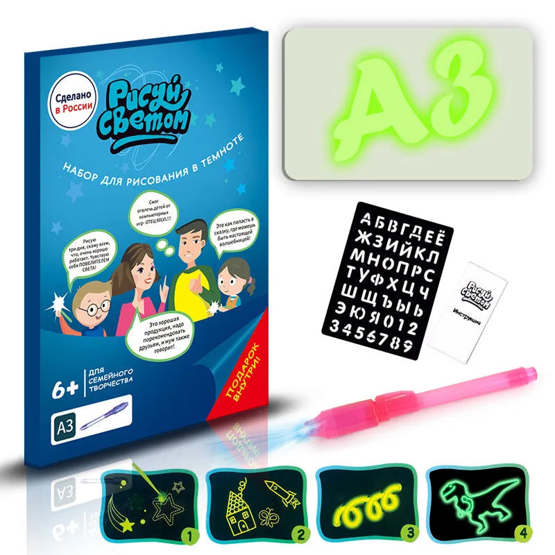 Educational drawing pad with light-accumulating coating, flashlight marker, and alphabet template for children aged 4-6.