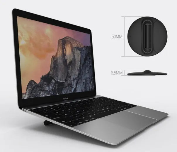 Two black adjustable mini laptop stands on a desk with a laptop, showing 50x50x6.5mm size