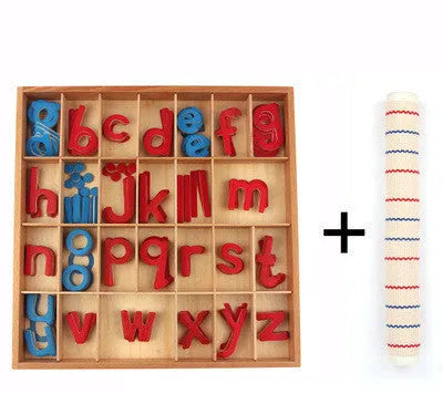 Montessori active letter box set with beech wood letter box and carpet on a table