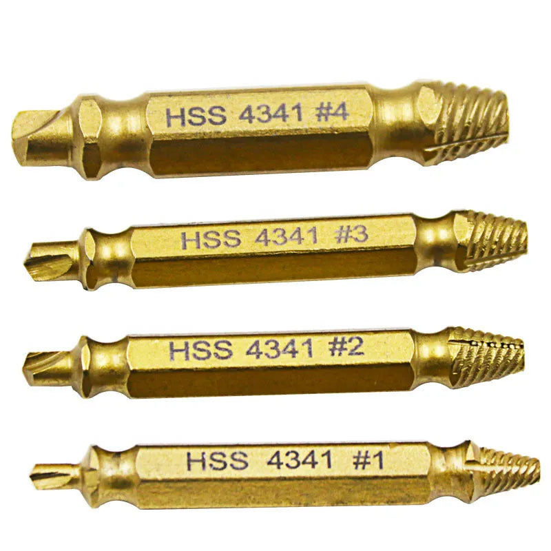 Set of five 4341 high-speed steel screw extractors for removing damaged screws and nails.