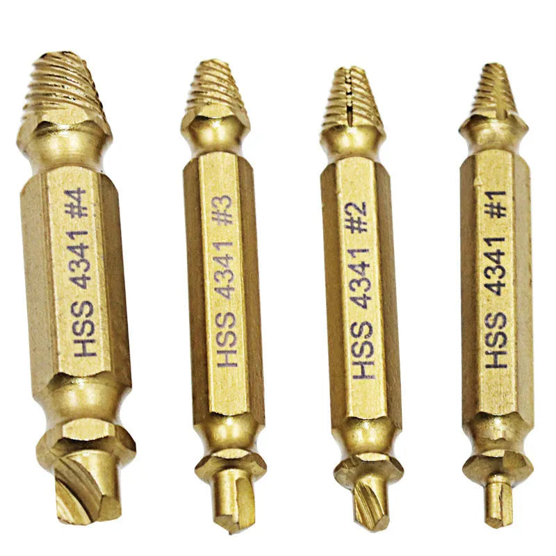 Set of five 4341 high-speed steel screw extractors for removing damaged screws and nails.