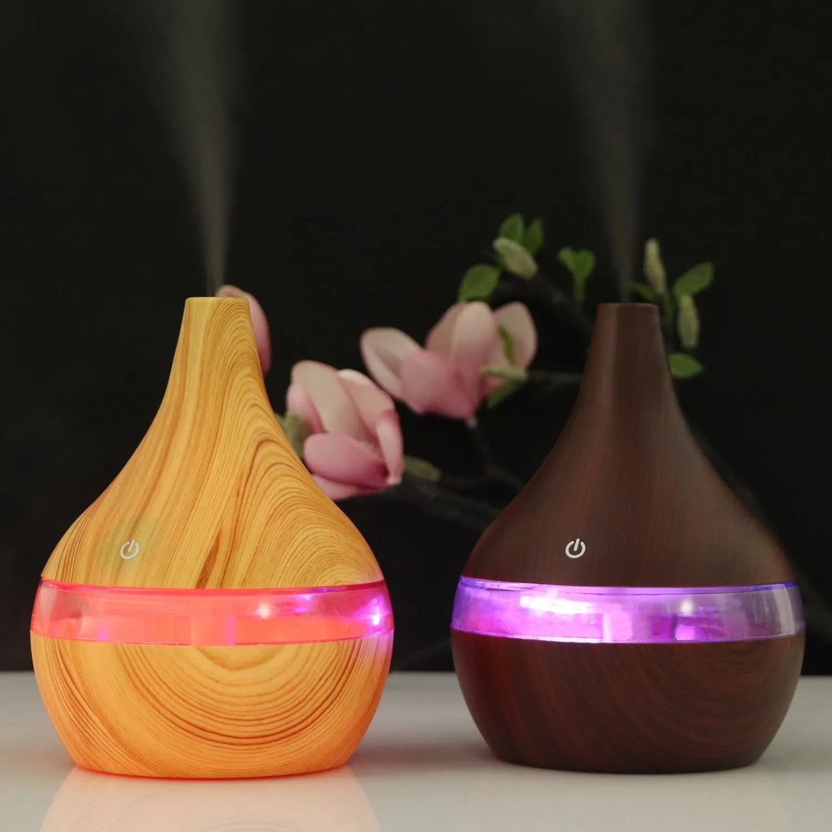 USB mini tip air purifier humidifier in wood grain, columnar shape, less than 1L tank, one fog outlet, 2-8 hour timer.