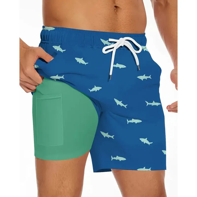 Men's loose fit casual beach trousers in lightweight polyester fabric on a plain background