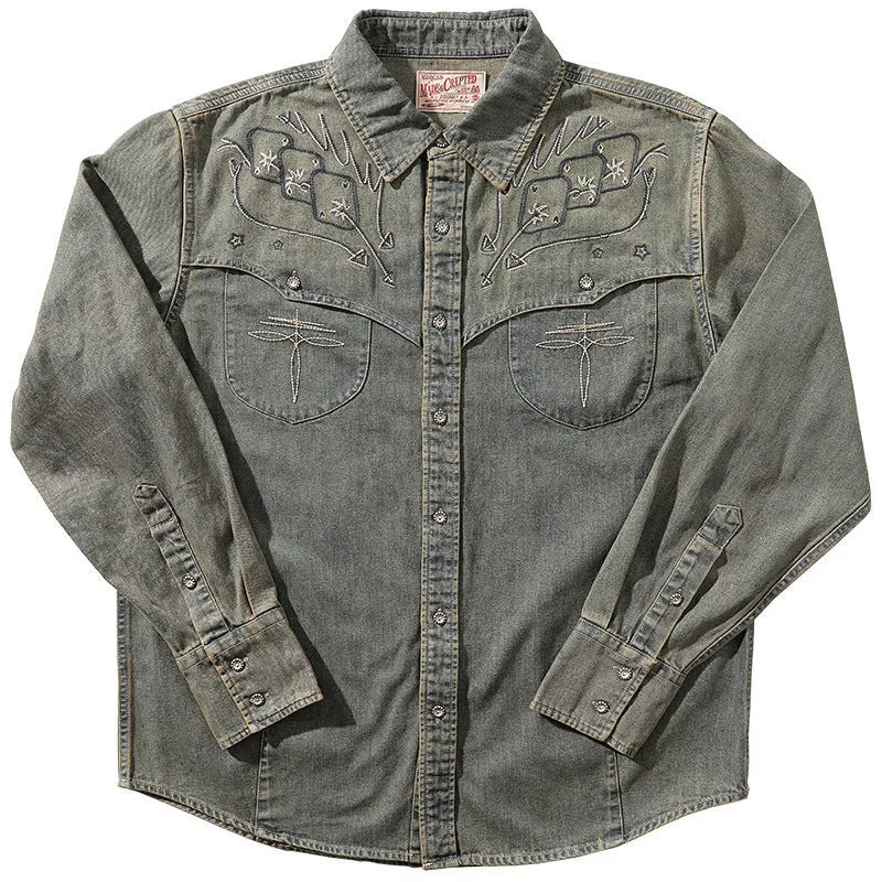 Aqua blue embroidered denim western shirt with geometric pattern, cardigan style