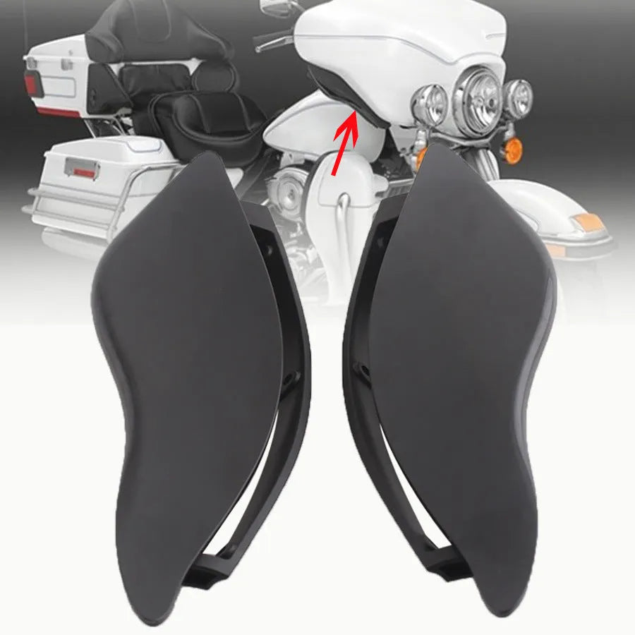 Pair of black ABS plastic windshield side wings for a Harley Davidson Glide motorcycle.