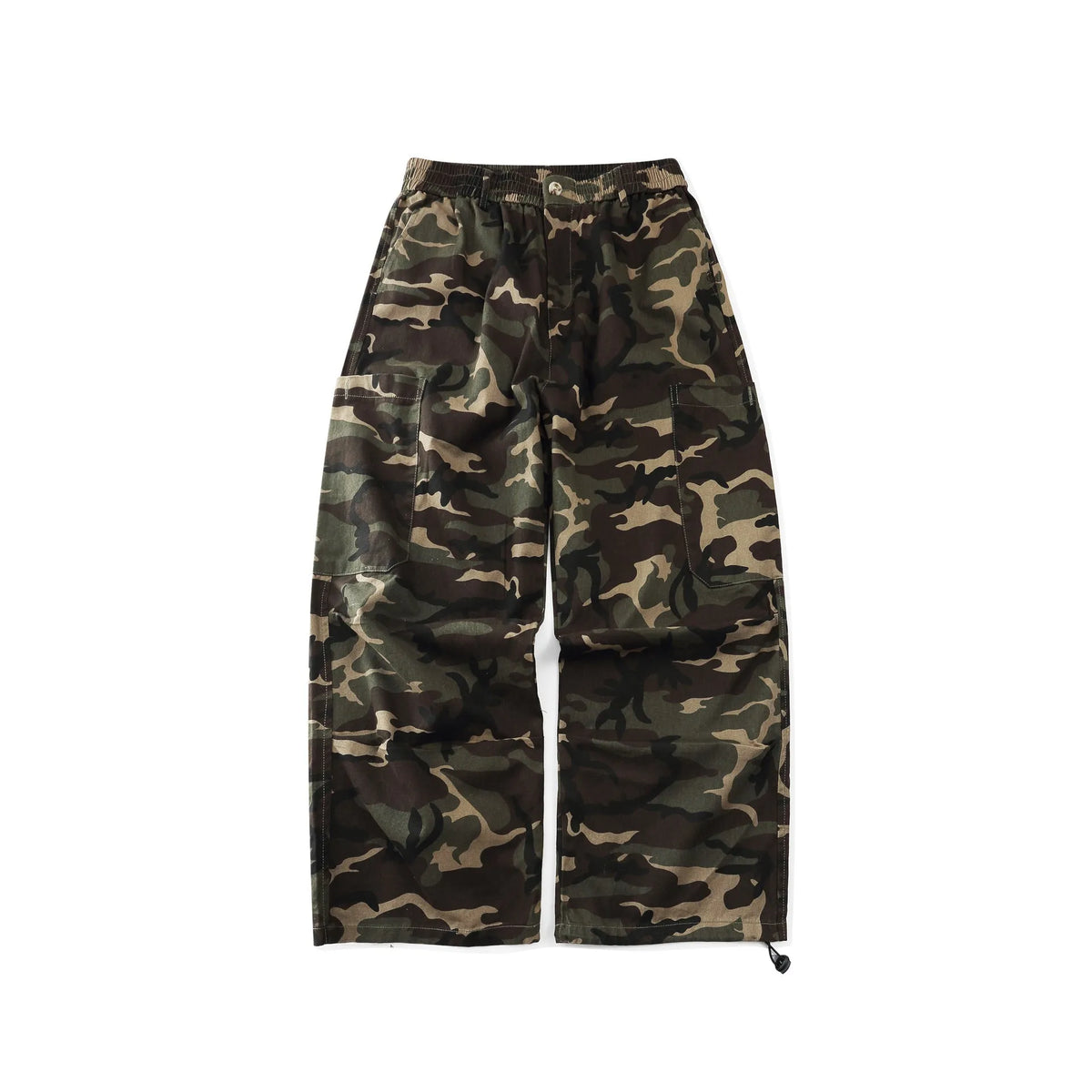 Camouflage cotton cargo pants, straight leg, mid waist, adjustable leg shaping, sizes S to XXL