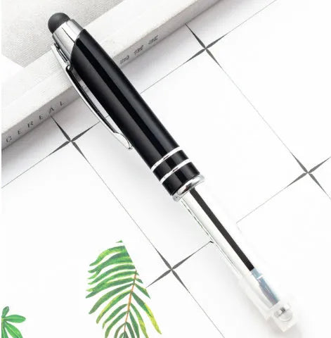 Multifunctional metal capacitive stylus and LED light ballpoint pen in red, black, white, green, or blue