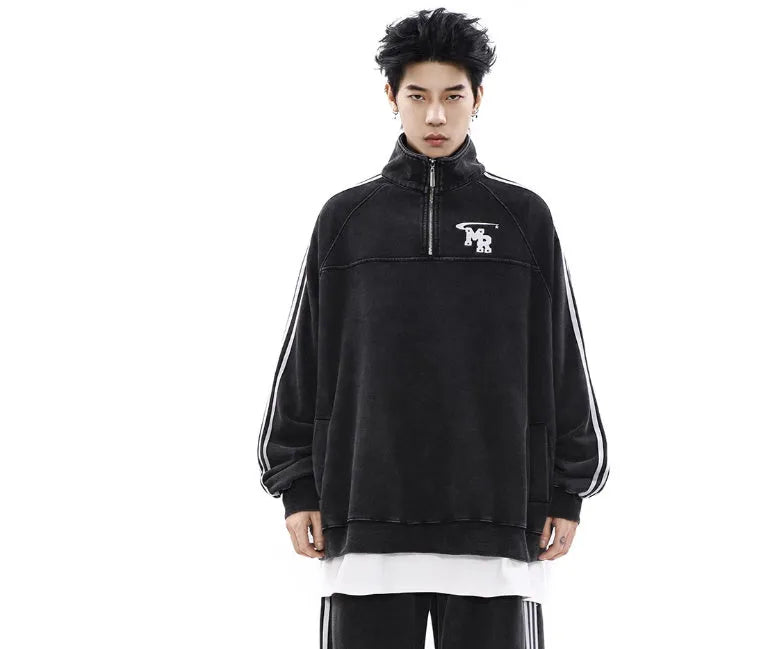 Black Hong Kong style stand collar couple hoodie sweater on a hanger.