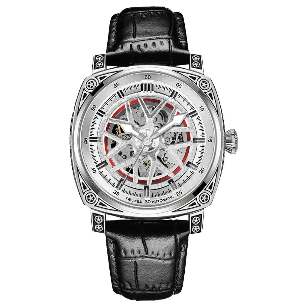 Automatic mechanical men's watch with stainless steel case and blue leather strap.