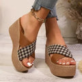 Cross leopard plaid wedge sandals in brown and black colours with rubber soles