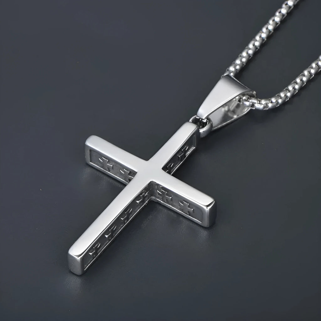 Unisex titanium steel stainless steel necklace with bowknot pendant and pearl chain on display