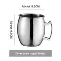 Stainless steel Moscow Mule cup in a choice of silver, gold, rose gold, or black finish with hammered or smooth design.