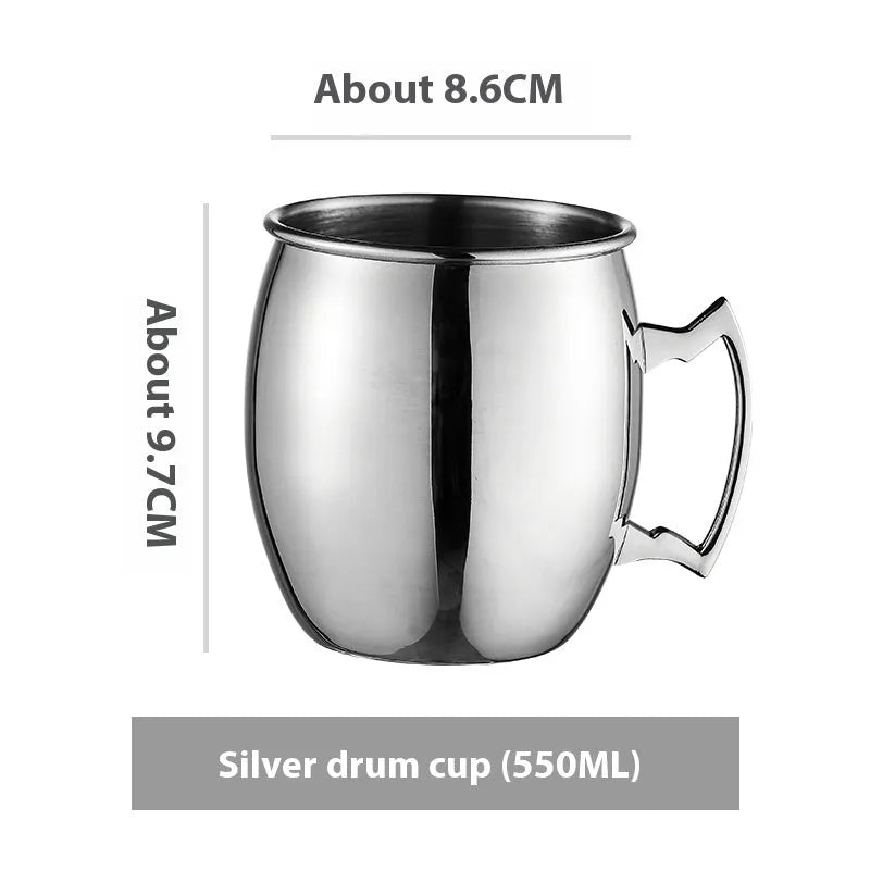 Stainless steel Moscow Mule cup in a choice of silver, gold, rose gold, or black finish with hammered or smooth design.
