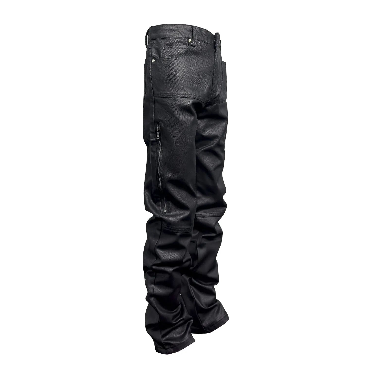 Black denim trousers with zip fly, middle waist, regular length, size M to 2XL