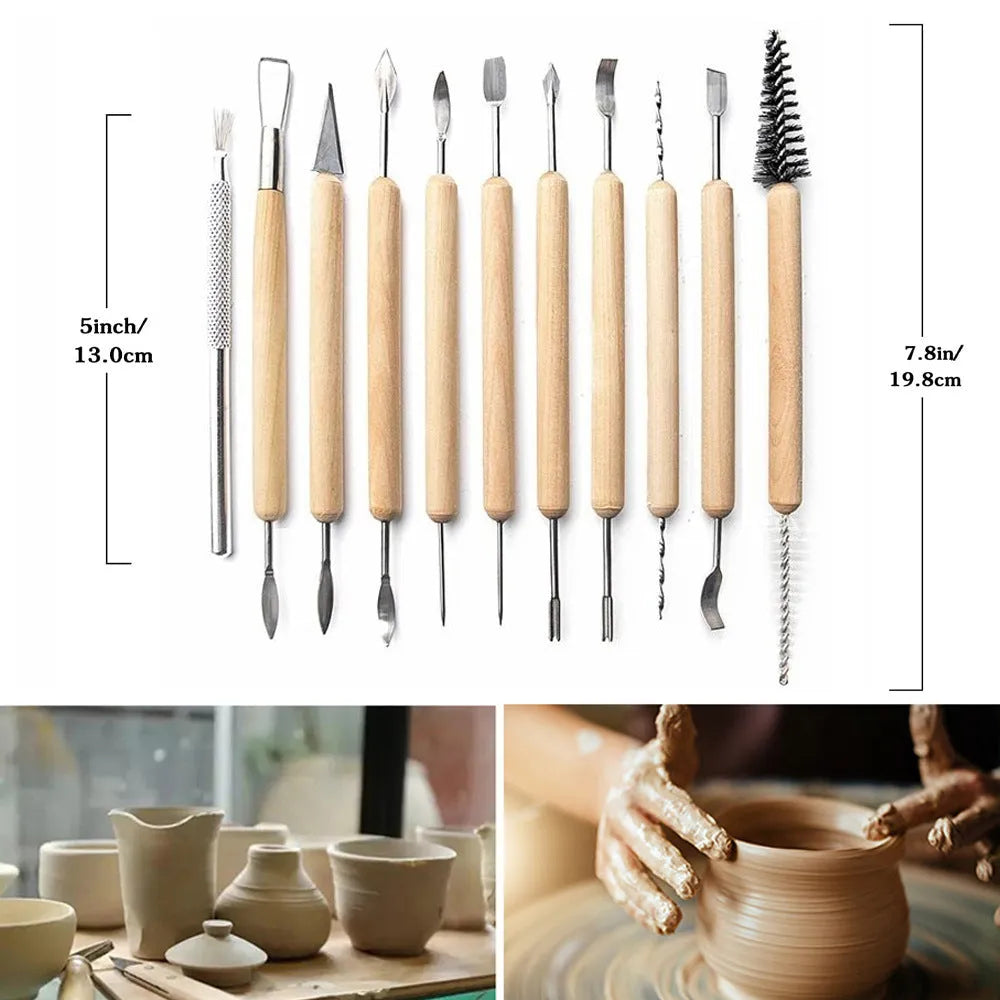 11 piece pottery clay tools set with wooden handles and stainless steel blades