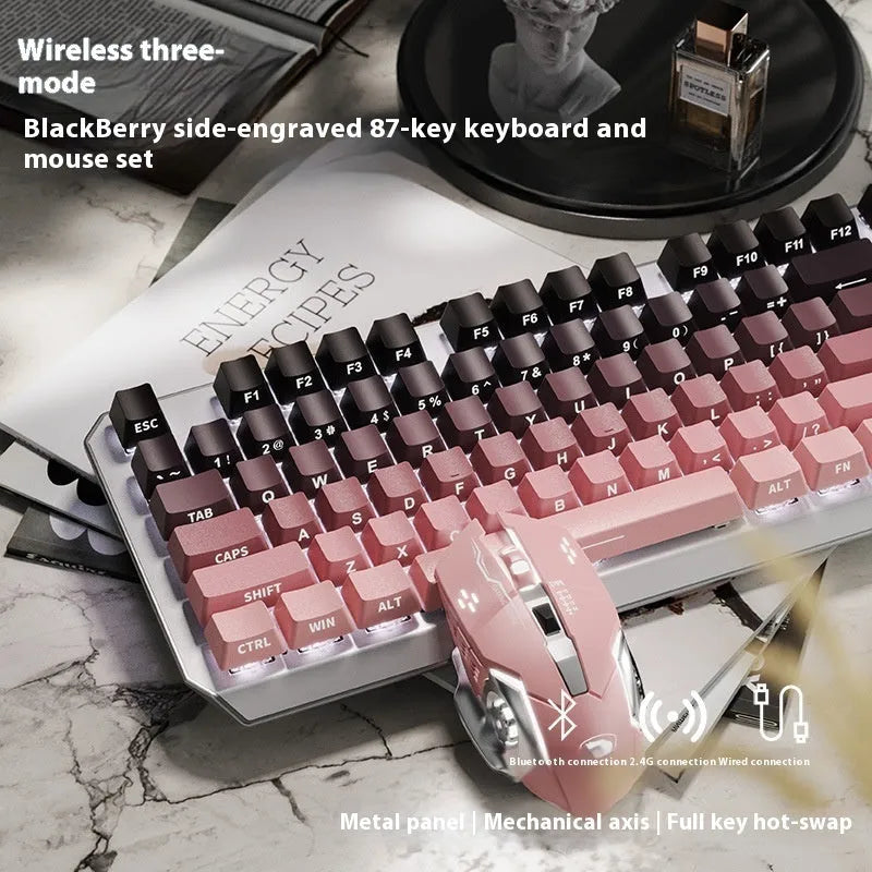 87-key wired mechanical keyboard with side-engraved keycaps, silver white finish, compact layout