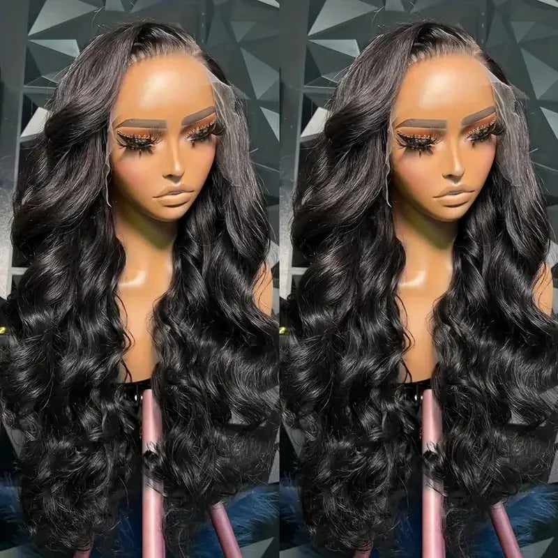 Black medium long curly synthetic wig with lace mesh cap, showing 22-inch waves in M1613 colour.