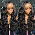 Black medium long curly synthetic wig with lace mesh cap, showing 22-inch waves in M1613 colour.