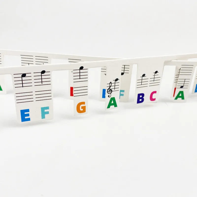 Piano keyboard stickers set showing colour note bars and black notes for 88 key keyboards