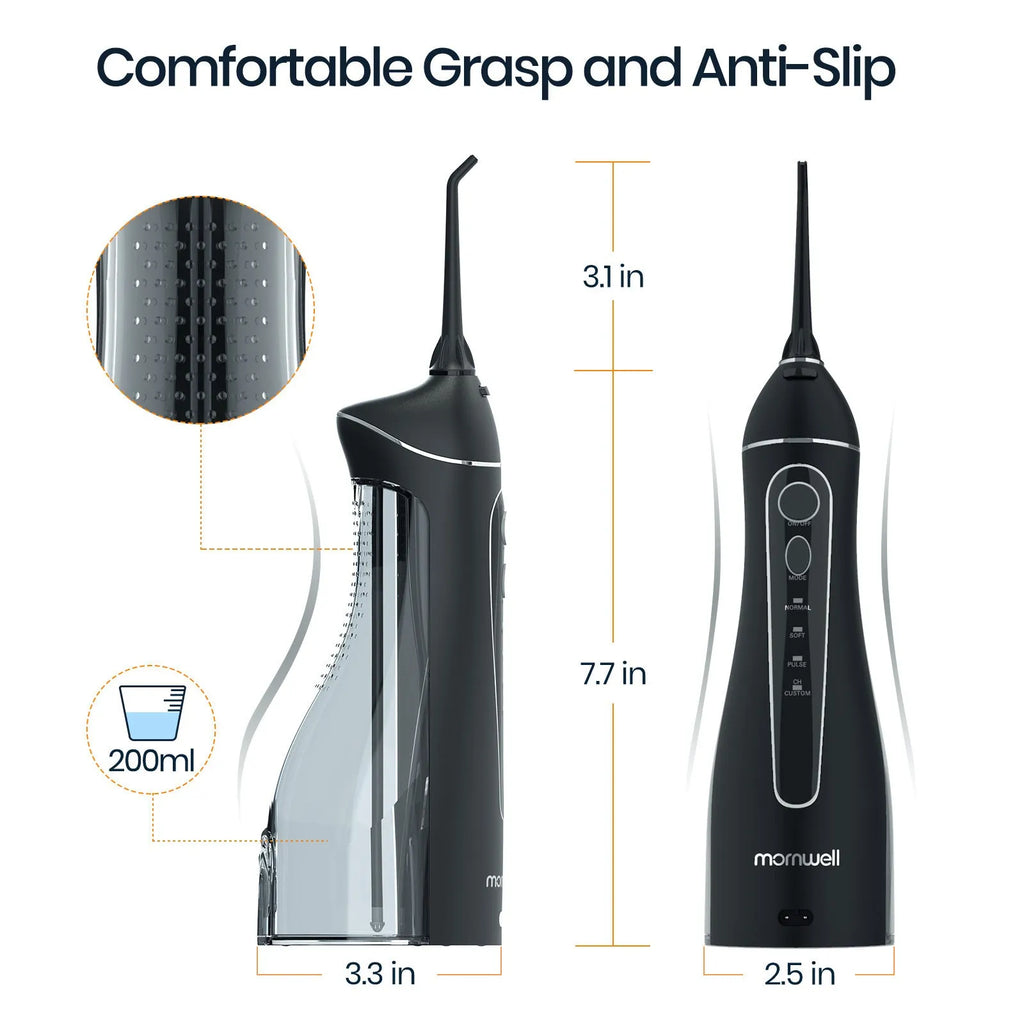 Black Prooral Mornwell portable oral irrigator with water tank and nozzle for dental cleaning.