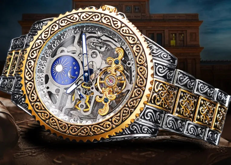 Men's automatic mechanical watch with hollow retro carved dial, moon phase display, stainless steel strap, 44mm gold finish