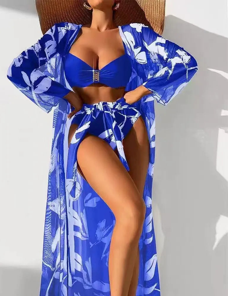 Three-piece women's high-waist swimsuit set with printed pattern, including long shirt cover-up, in black colour option.
