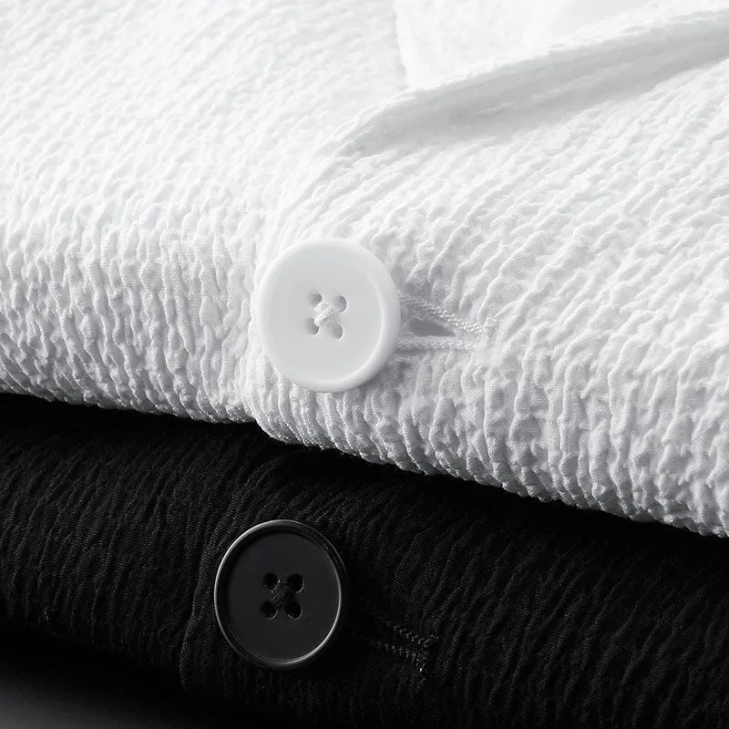 Men's casual suit set thin polyester spring summer black or white long sleeve top and trousers
